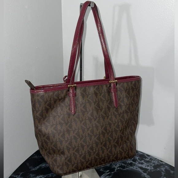 MICHAEL KORS Jet Set Travel Medium Canvas Leather Tote Brown/Red AUTHENTIC - Picture 5 of 10